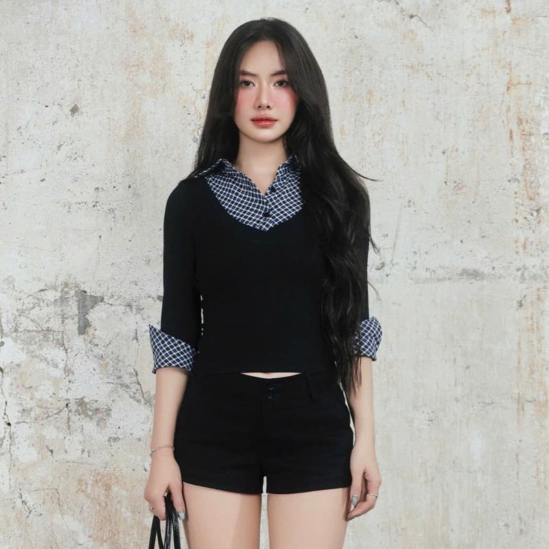 MÌ - ÁO KIỂU PHỐI CỔ SƠ MI CARO TAY LỬNG - ZOEY TOP 4