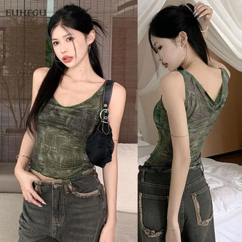 Women's Summer Fashion Slim Cropped Top Sleeveless U-neck Backless Retro Pattern Printed Vest Simple Versatile Fabric Soft