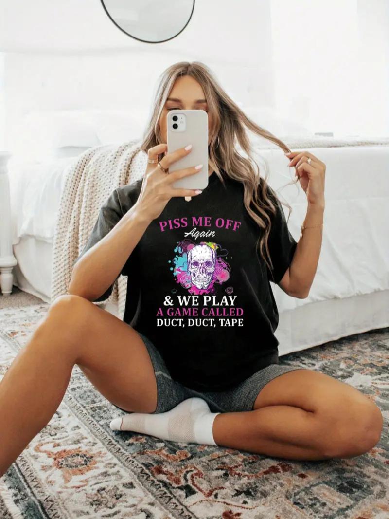 Product Introduction of Women's Skull & Letter Print Round Neck Tee, Casual Crew Neck Short Sleeve T-shirt for Daily Holiday Vacation Outdoor Wear, Ladies Summer Clothes 3