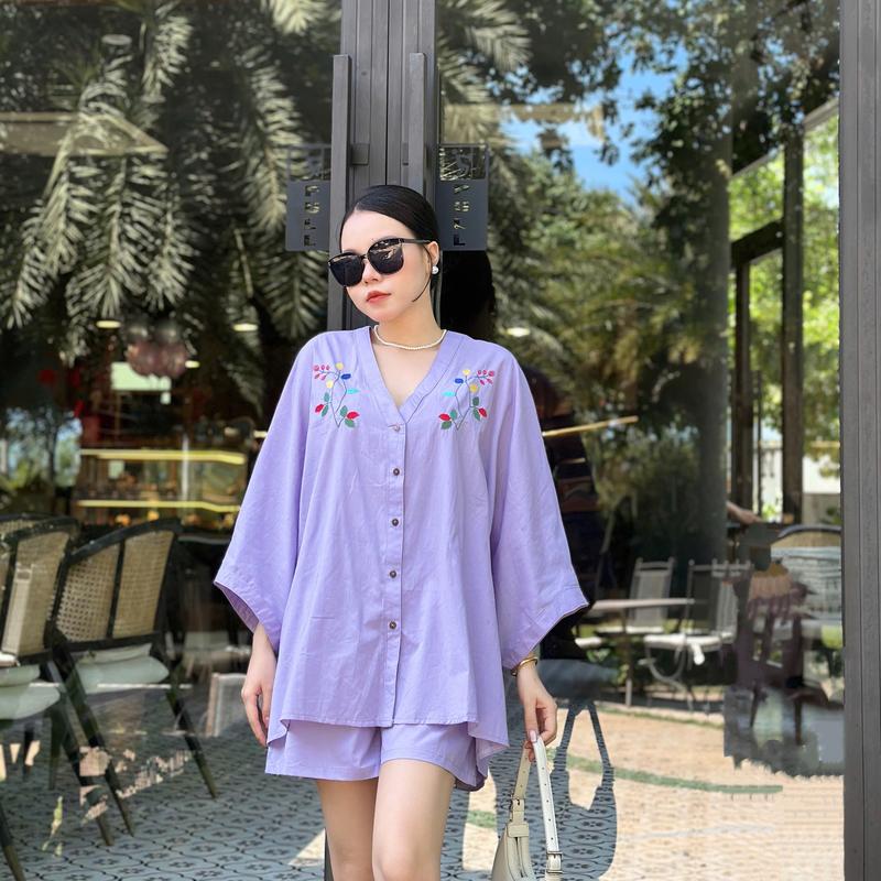  S167 SET ĐỒ NỮ GỒM ÁO CÁNH DƠI THÊU HOẠ TIẾT KÈM QUẦN SỌT CHẤT LIỆU COTTON FREESIZE- set đồ sang chảnh nữ 