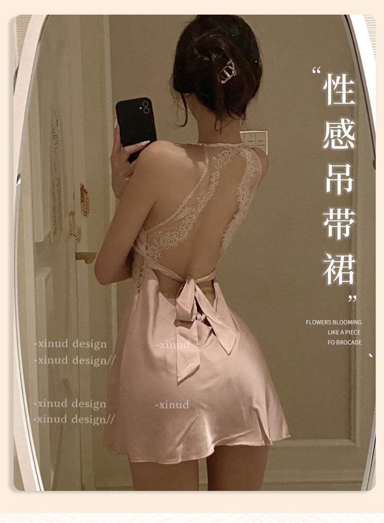 Product Introduction of Sexy lingerie deep V lace backless satin women's home clothes suspenders pajamas nightdress Loungewear Nightwear night  dress Womenswear Homewear victoria s 2