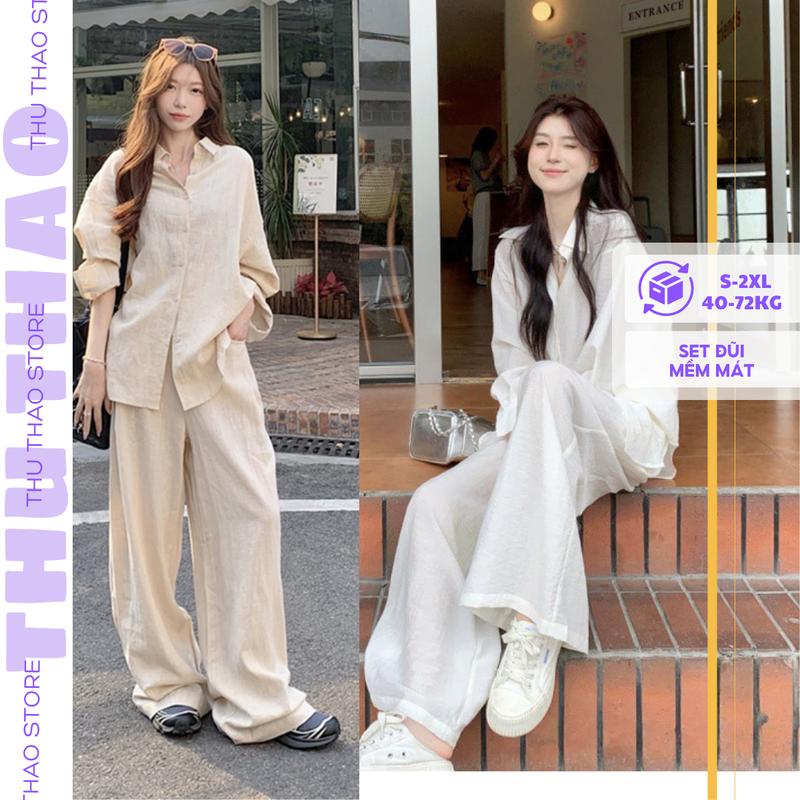 Set đồ nữ đẹp gồm Áo sơ mi nữ trắng, đen dài tay mix quần suông đũi vải đũi tơ Nhật mềm mát đủ -Set đồ đi biển. Top Jean