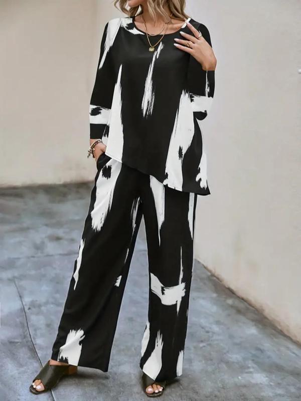 Plus Size Pop Art Print Asymmetrical Hem Blouse & Pocket Wide Leg Pants, Round Neck Long Sleeve Top & Trousers, Women's Two-piece Outfits for Daily Wear 6