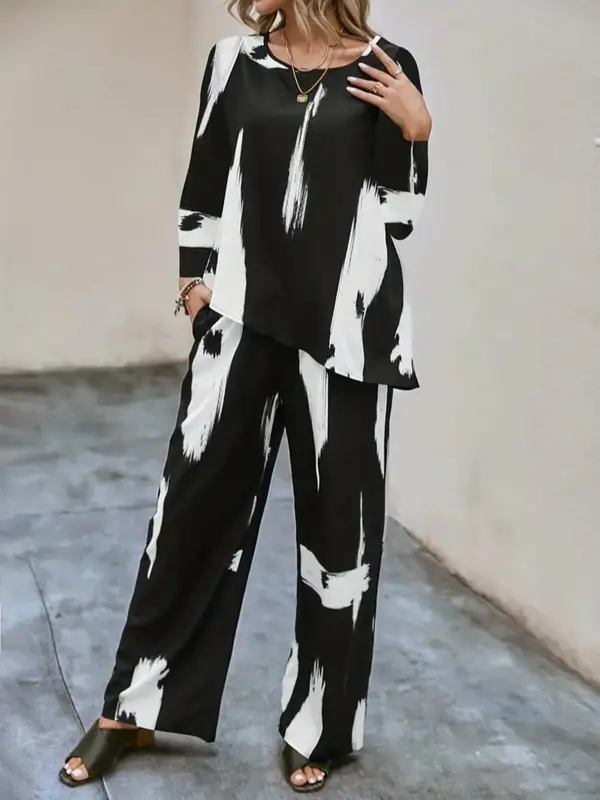 Plus Size Pop Art Print Asymmetrical Hem Blouse & Pocket Wide Leg Pants, Round Neck Long Sleeve Top & Trousers, Women's Two-piece Outfits for Daily Wear 6