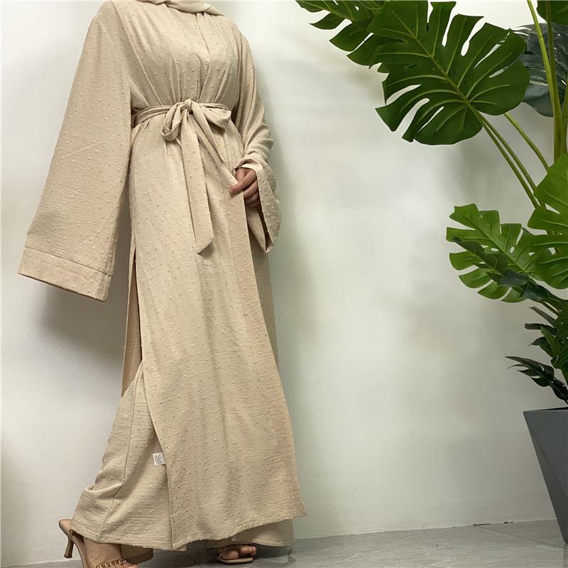 Product Introduction of Robe Three-Piece Set Long Cardigan Sleeveless Top and Pants with Pockets Muslim Islamic Clothing 1958 5