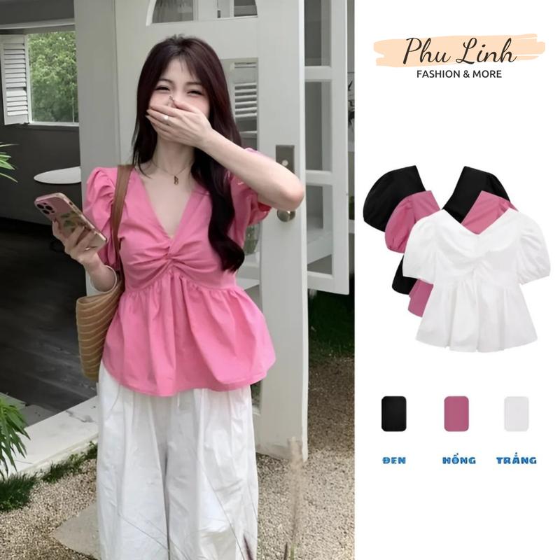 Áo sơ mi nữ kiểu Babydoll xoắn ngực cộc tay dễ thương chất thô mềm mát thấm hút mồ hôi MS510