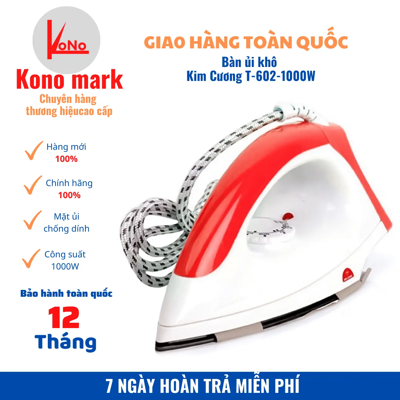 Bàn ủi Kim cương KCBU T602,bàn là khô cầm tay chống dính,đèn sáng bảo hành 1 năm toàn quốc Ủi Quần Áo Là Quần Áo