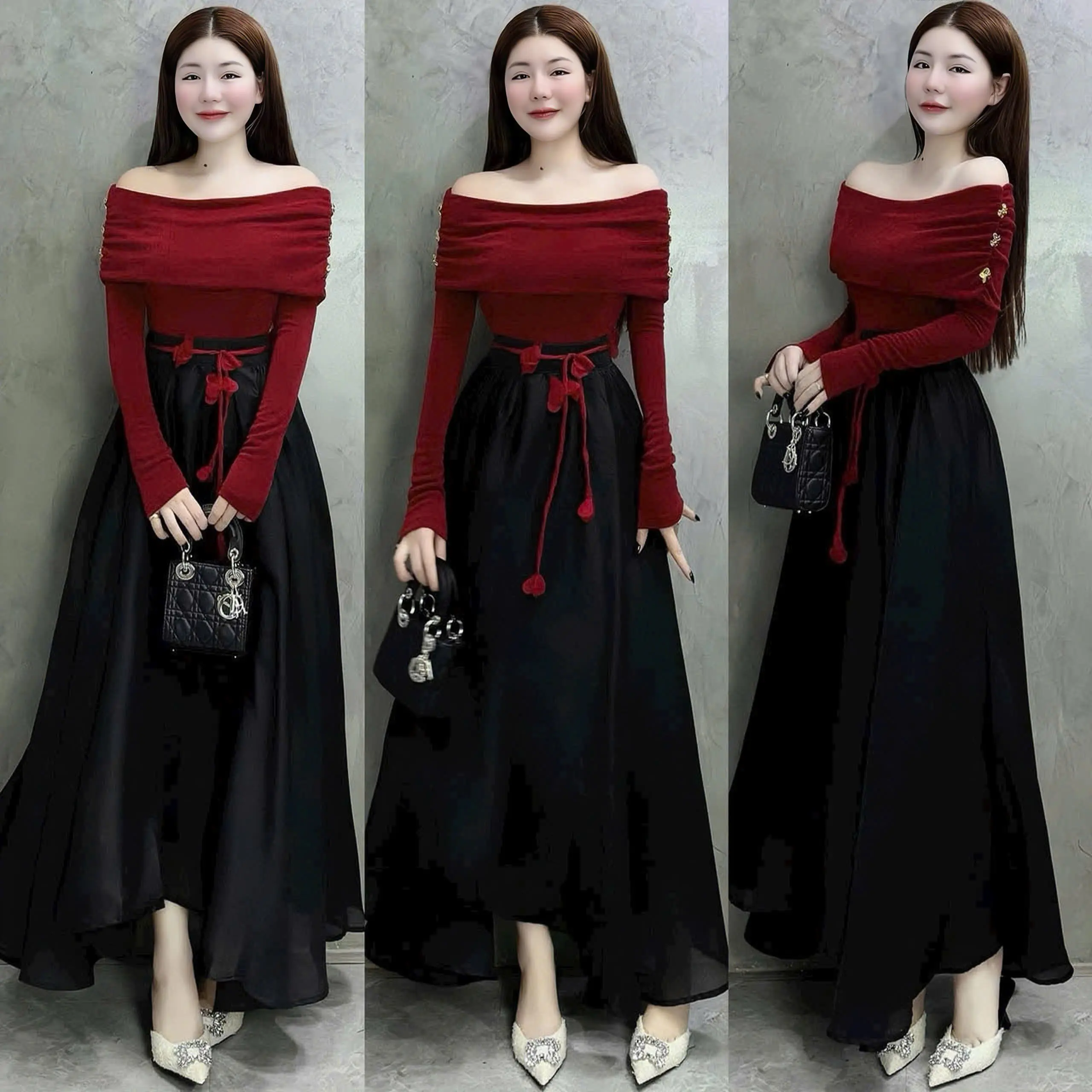 Set váy nữ áo tăm lạnh thiết kế trễ vai dài tay mix chân váy tơ dáng dài xèo [kèm dây hoa] xinh xắn sang chảnh dành cho các nàng diện đi chơi,đi tiệc.  Women top