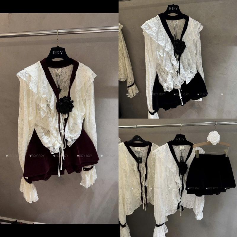 Set ren, chân váy nhung, áo kèm hoa 0