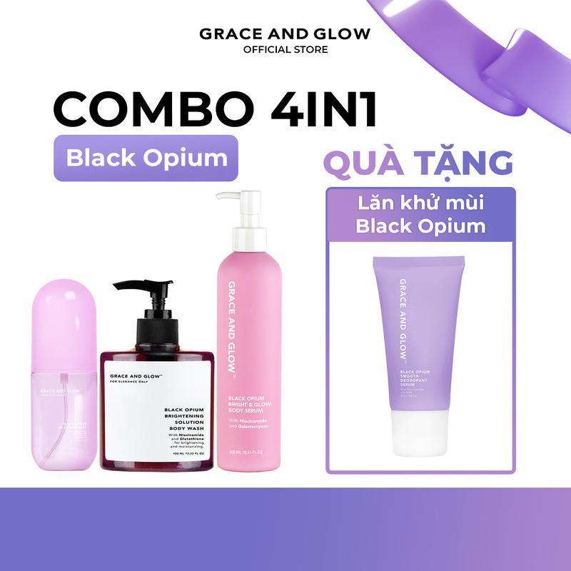 [Ưu đãi Livestream Tặng Lăn Khử Mùi] Combo 4IN1 Thơm Ngát sữa tắm sữa dưỡng thể và xịt dưỡng tóc Black Opium Grace and Glow 400ml + 100ml + 300ml