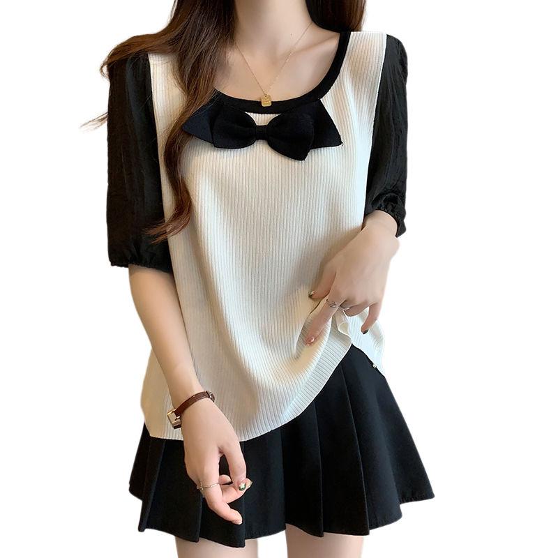 Product Introduction of Plus Size French Square Collar Niche Belly Covering Children Summer Fat Sister Show Stitching Fake Two Pieces Casual Bottoming Shirt 9