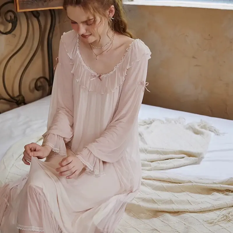 SP.355 Váy ngủ tiểu thư voan ren mềm, thun cotton cổ tròn tay bo bồng dễ thương hàng Quảng Châu cao cấp 1