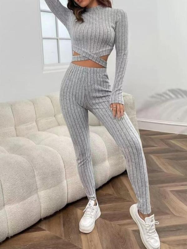 Two-Piece Set Women's Criss Cross Crop Top & Textured Pants Knit Co-ord Set, Basic Solid Top & High Waist Trousers Two-piece Set, Fashion Cozy-chic Lady Two Piece Outfits 1