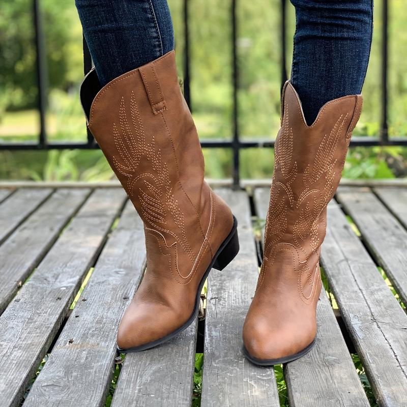 Women's Solid Color Chunky Heel Boots, Fashion Point Toe Mid Calf Boots, Stylish Western Cowboy Boots 6
