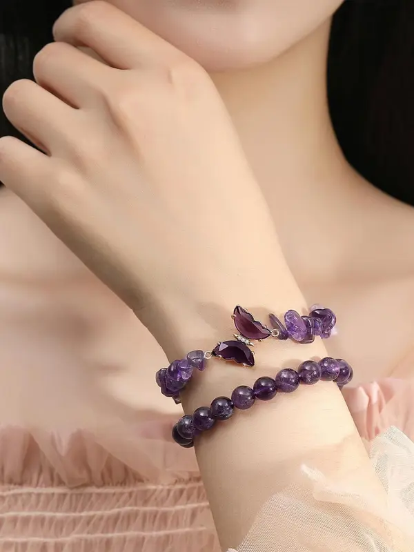 Natural Crystal Stone Butterfly Double-layer Bracelet, Irregular Gravel Bracelet for Women, Fashion Jewelry Accessories for Daily Wear 3