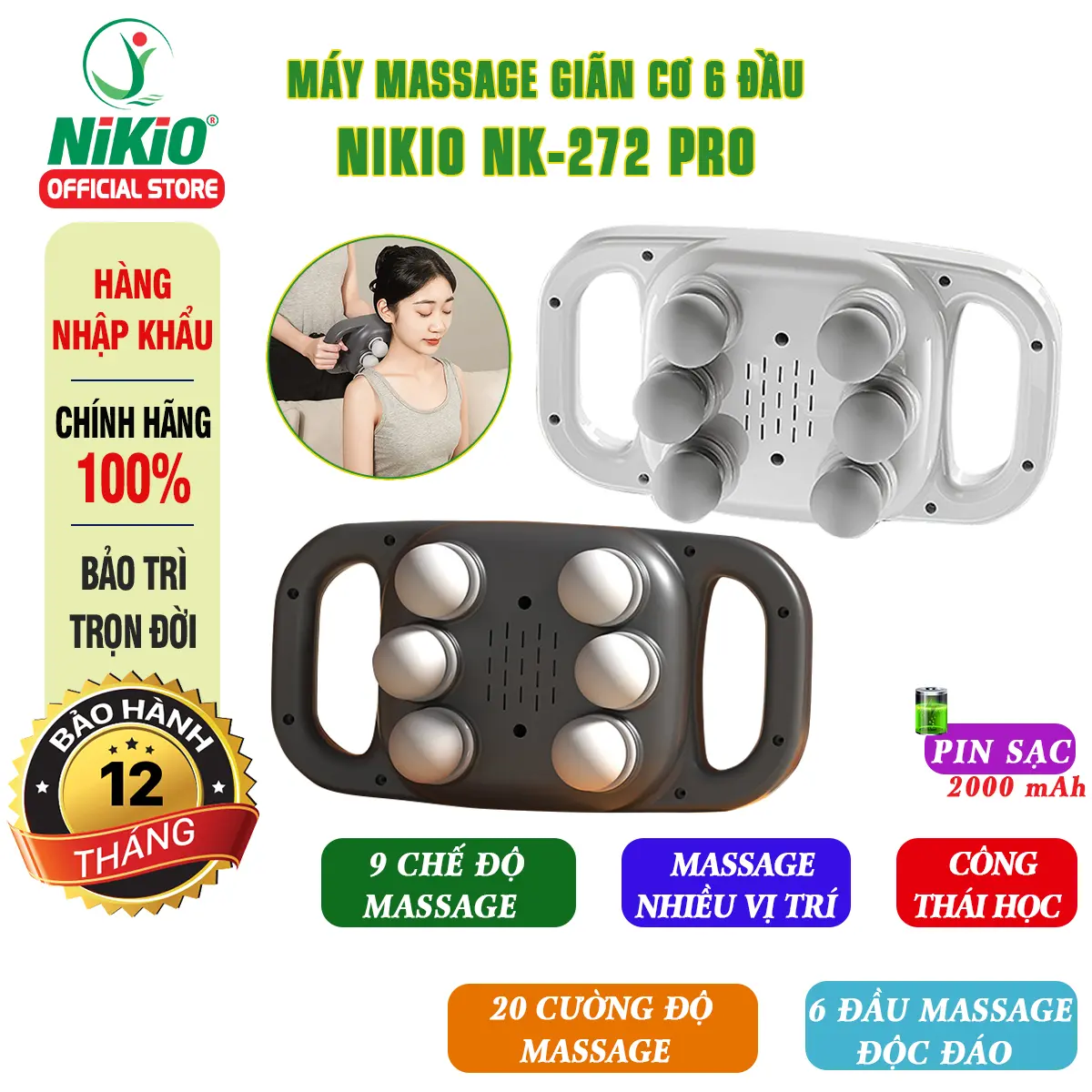 Máy massage lưng và giãn cơ toàn thân 6 đầu thiết kế mới Nikio NK-272