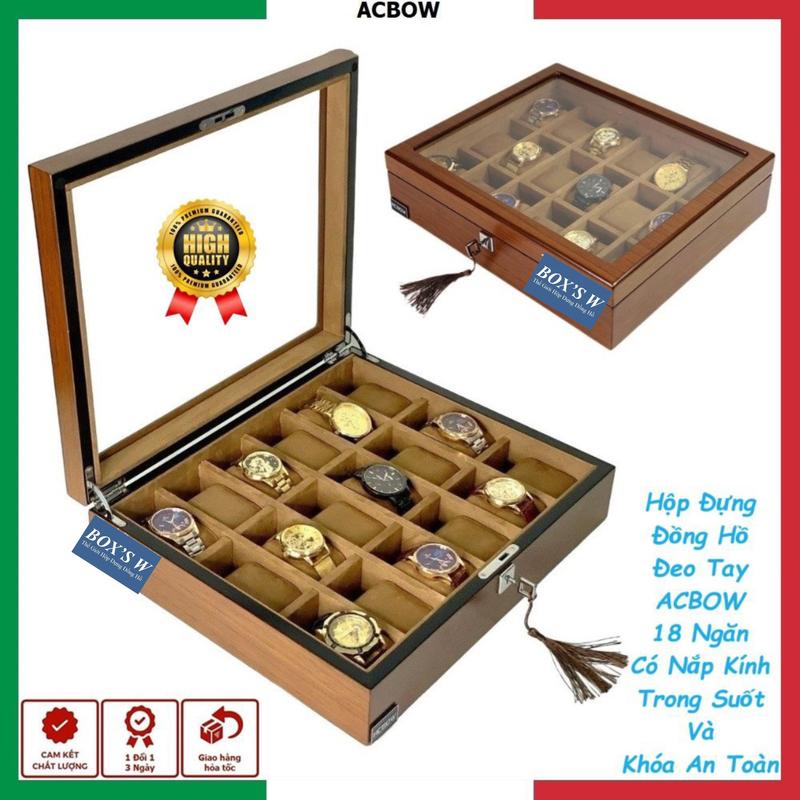 [Premium] Hộp Đựng Đồng Hồ ACBOW 18 Ngăn Vỏ Vân Gỗ Màu Nâu Có Khóa - Hộp Để Đồng Hồ Đeo Tay Nhiều Ngăn Có Nắp - P18N