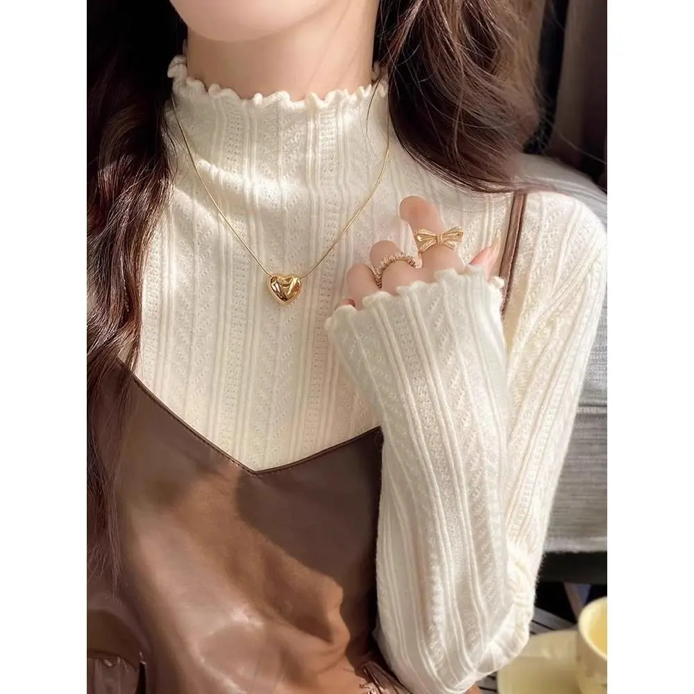 Áo Lớp Nền Jacquard, Màu Trắng, Cổ Lọ Nửa, Dành Cho Nữ, Có Thể Mặc Cho Mùa Thu Và Mùa Đông, Hàng Mới Về, Đồ Len Selvedge Dây Áo Dài Tay Top Women