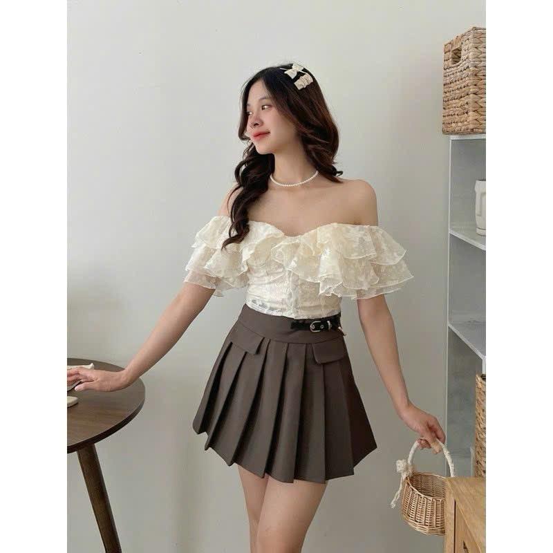  Áo croptop trễ vai tay phồng ren hoa nổi có sẵn đệm mút áo thiết kế trễ vai chun sau phối bèo có mút ngực 