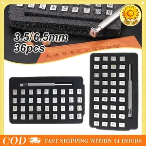 36pcs Stempel Alfabet Angka Bahan Baja 3.5mm/6.5mm Alat Ketok Kulit Plastik Kerajinan DIY