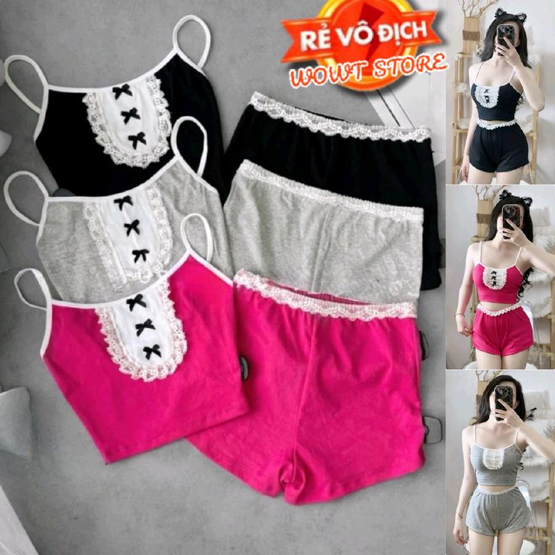 Sét bộ nữ áo 2 dây croptop ôm body kèm quần đùi lưng thun co dãn 58-75cm chất vải thun gân len 4 chiều phối ren Free Size dưới 54kg hot top trend WOWT STORE Women Kem Nhung Voi Sen Viền Ren