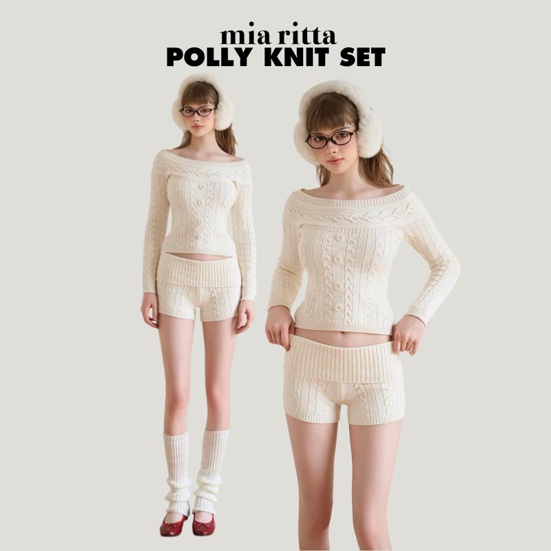 Set áo len trễ vai và quần short Polly Knit Set Mia Ritta A2223 Q416 - Áo len vặn thừng trễ vai và quần đùi len