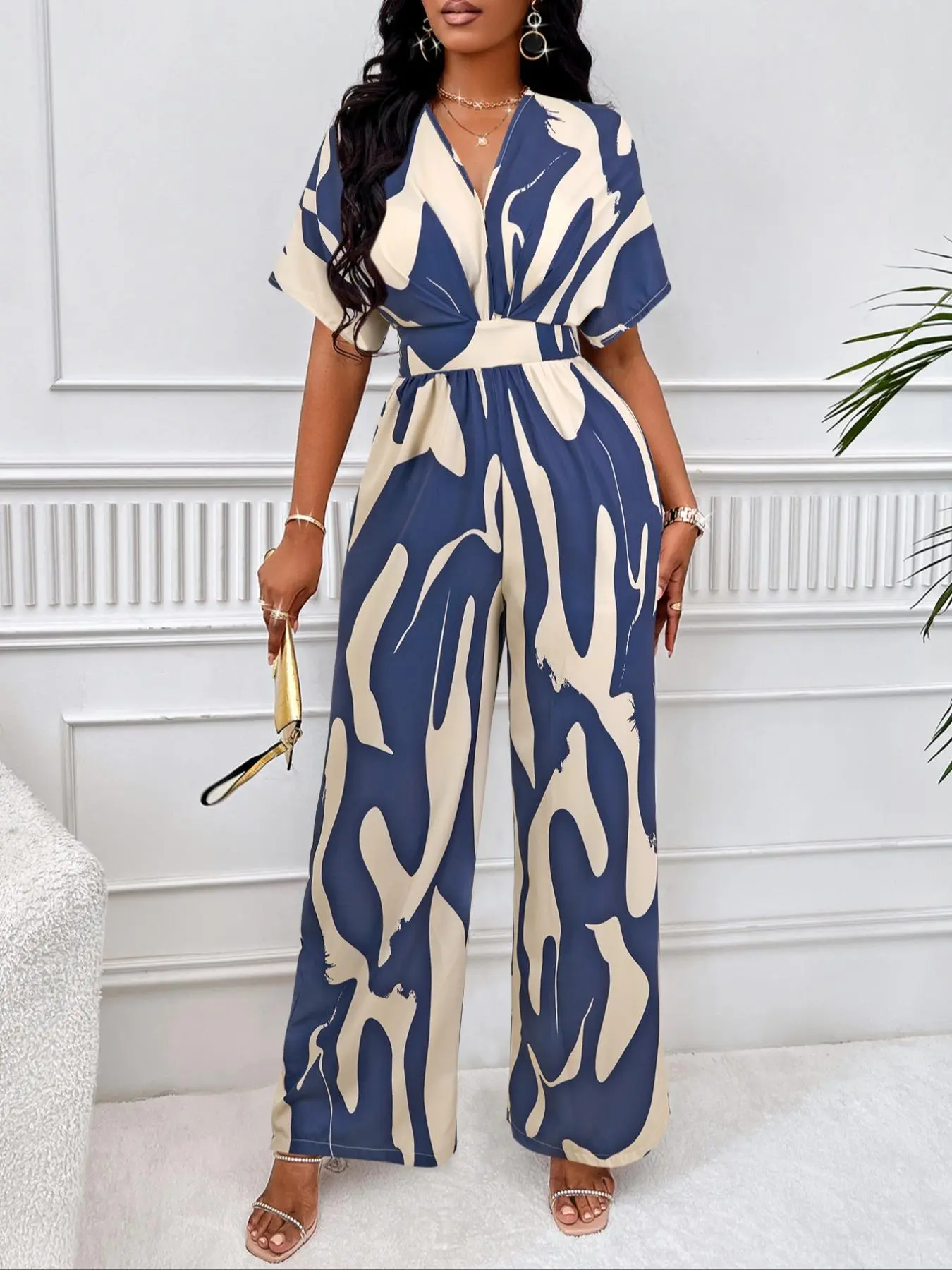 Women's All Over Print Jumpsuit, Elegant Fashion Casual Wide Leg Jumpsuit for Daily Outdoor Wear, Women Jumpsuits for Summer