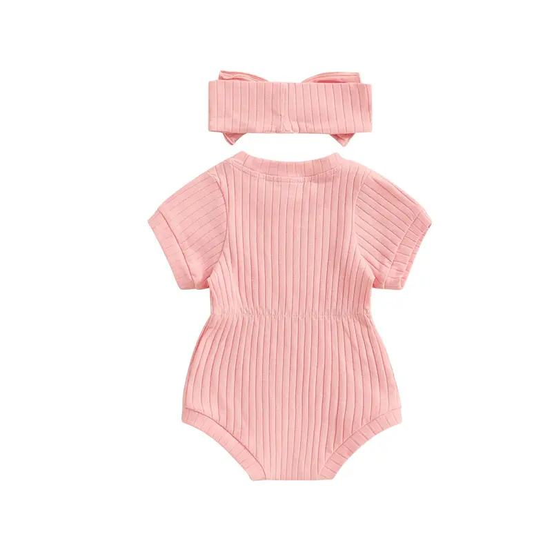 Trang phục cho bé gái sơ sinh, Bodysuit ngắn tay cổ thuyền đồng màu với băng đô nơ Quần áo mùa hè 2