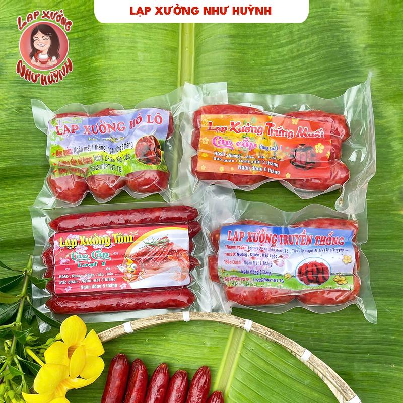 COMBO 1KG 4 VỊ LẠP XƯỞNG TÔM - TRUYỀN THỐNG - TRỨNG MUỐI - HỒ LÔ | + [ TẶNG BÁNH PHỒNG SỮA ] Bao gồm 250g lạp xưởng tôm mỡ nhiều + 250g lạp xưởng truyền thống + 250g lạp xưởng trứng muối + 250g lạp xưởng hồ lô +1kg 4 gói