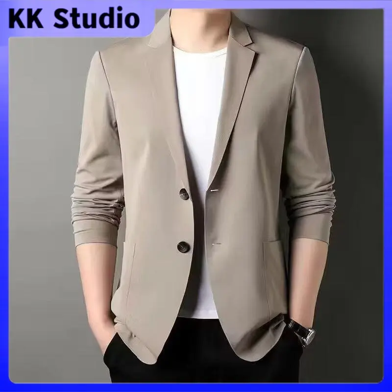 Pocket Tops Clothe Human Beige Khaki Plain Longsleeve Clothing Fabric Menswear Thin Basic Coats Collar Hem Long Suit Men'S Spring And Autumn Business Youth Benxi Solid Color Casual Suit Jacket