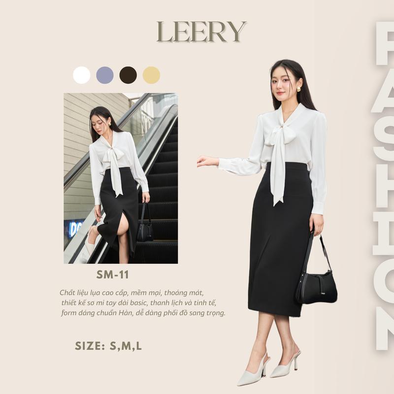 Áo sơ mi công sở dài tay cổ nơ tay đính ngọc cao cấp màu trắng đen ghi Leery SM-11