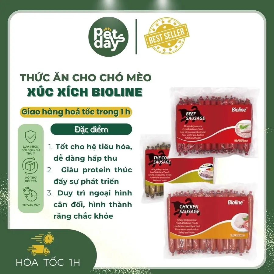 Xúc xích Bioline siêu ngon an toàn cung cấp đầy đủ dinh dưỡng khoáng chất tiện lợi theo dạng lẻ cho chó mèo