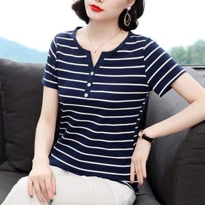 M-5XL Free Shipping oversized v neck blue stripe short sleeves women t shirt loose plus size button casual shirt Ladies tee basic tops new