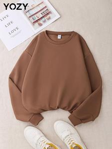 YOZY Women's Plain Round Neck Sweatshirt, Casual Basic Drop Shoulder Long Sleeve Pullover for Daily Wear, Ladies Clothes for All Seasons