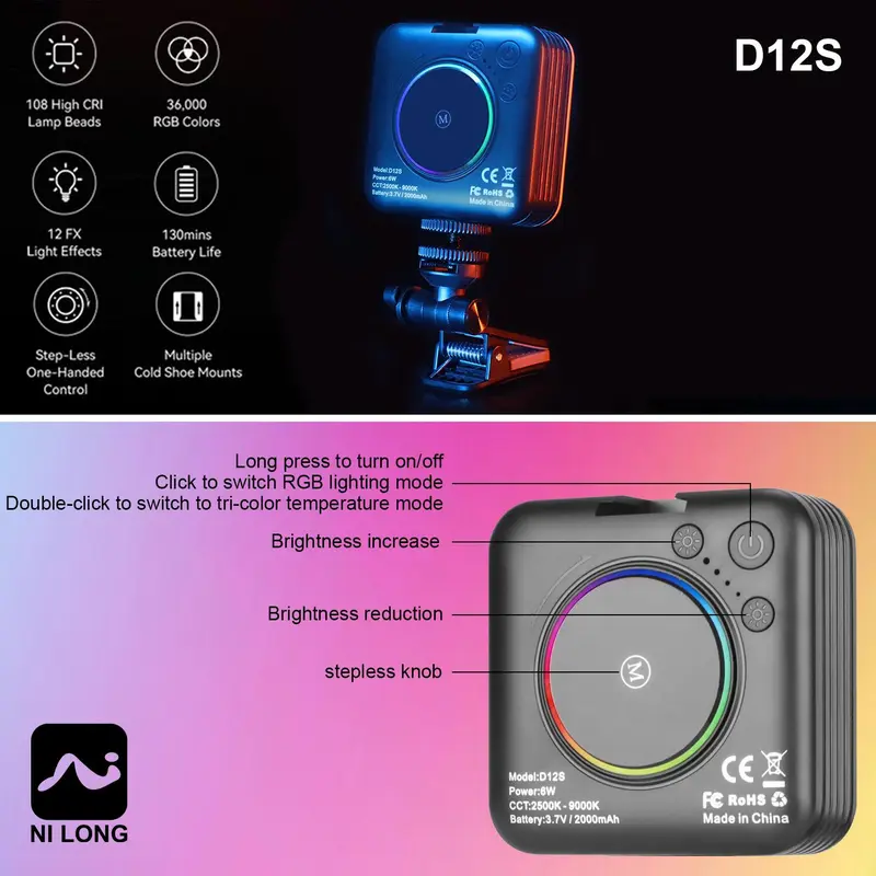 RGB Video Light, Portable LED Camera Light, 360° Full Color Portable Photography Lighting, Rechargeable CRI 95+ 2500-9000K Dimmable Panel Lamp 3