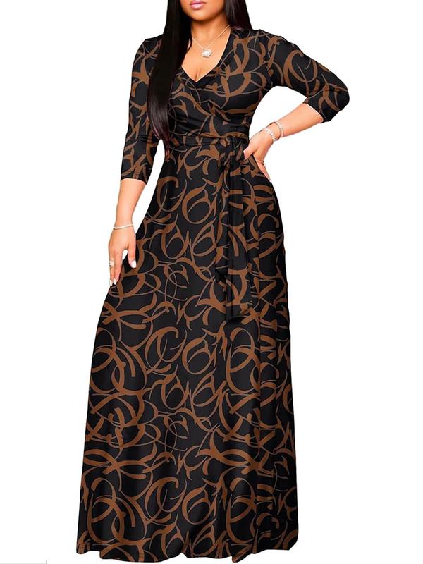 Women's All Over Print Wrap V Neck Dress, Elegant Fashion Casual Dress for Daily Outdoor Wear, Women Dress for All Seasons 0