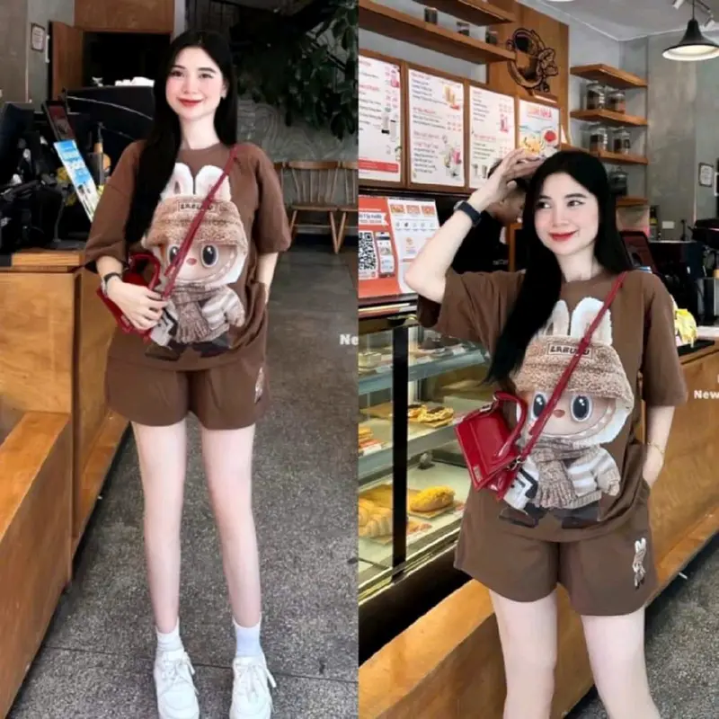Đồ bộ Labubu thun cotton su 3158 quần đùi short hình in 5D y ảnh free size dưới 65kg nhiều mẫu 1