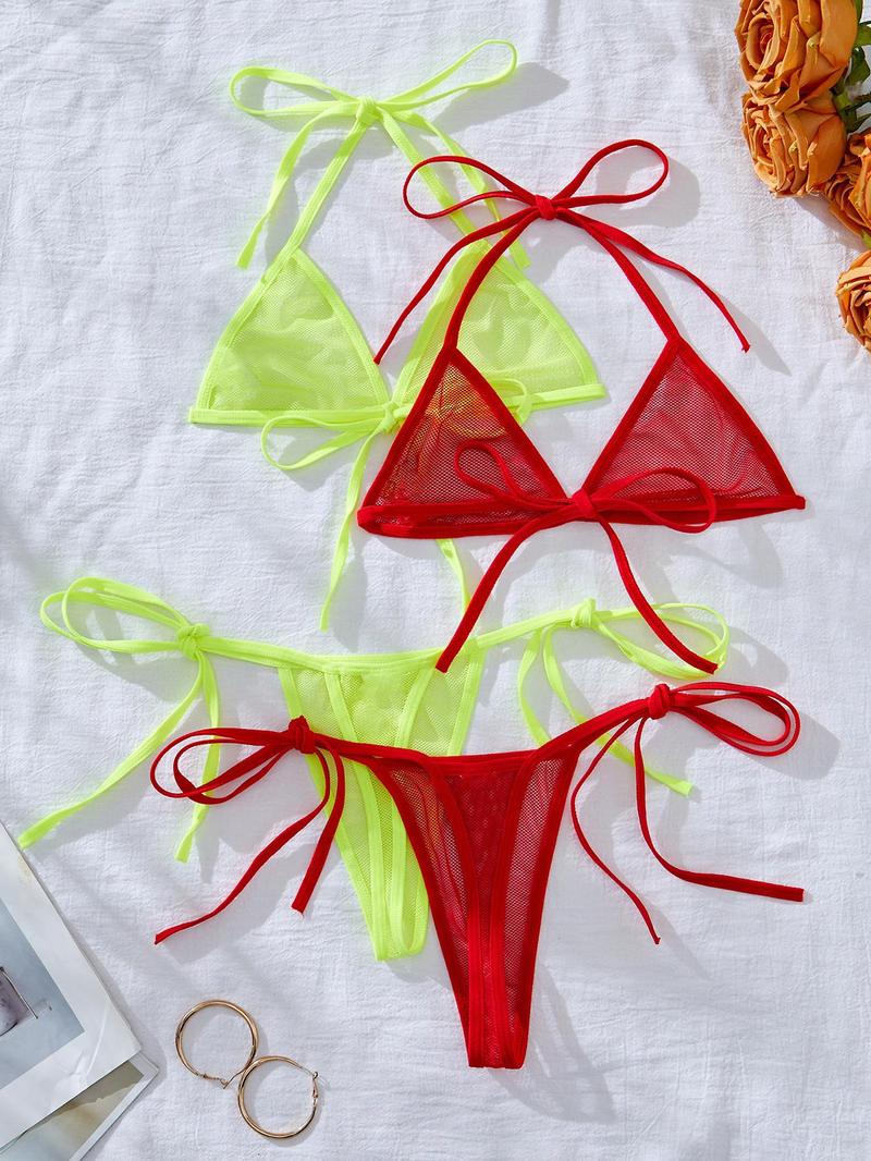 Product Introduction of Women's Solid Color Sheer Mesh Teddy Lingerie Set, Sexy Fashion Chic Tie Back  Bra & Tie Side Thong Set, Ladies Underwear for All Seasons 8