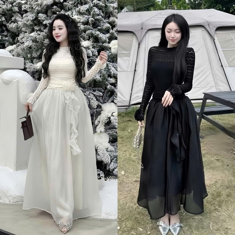  Đầm váy nữ ren tay dài cổ tròn đính bông phối tùng tơ xòe 2 lớp sang chảnh dành cho các nàng diện đi tiệc đi chơi 