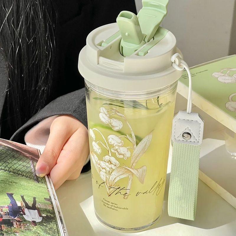 Bình nước thuỷ tinh trong suốt chịu nhiệt dung tích lớn chia giờ kute có nắp và ống hút tiện lợi, ly thuỷ tinh uống nước Cốc nhựa 580ml