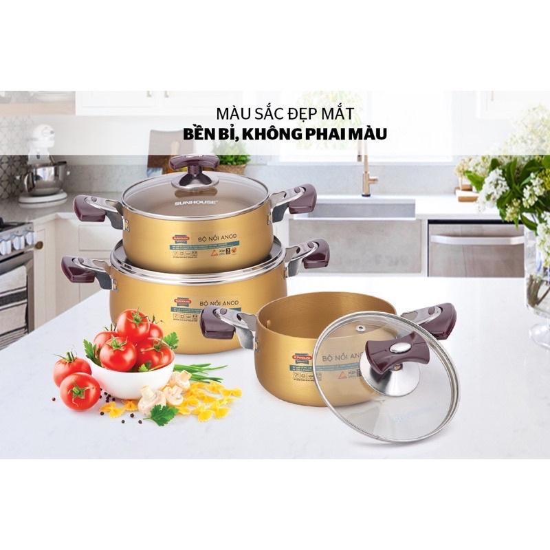 SUNHOUSE BỘ 3 NỒI ANOD SUNHOUSE Model SH6634 Vàng Đồng Quốc Dân Chất Lượng - Hàng VNXK