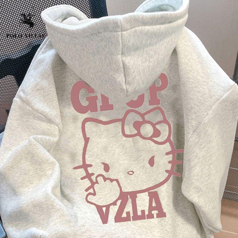Áo Len Hello Kitty, Phong Cách Đại Học Ngọt Ngào Và Ngầu, Có Mũ Trùm Đầu, Dành Cho Nữ, Mùa Thu Và Mùa Đông, Lót Lông Cừu, Dopamine Dáng Rộng Vừa Vặn, Áo Mèo Kitty, Năm 2024 1