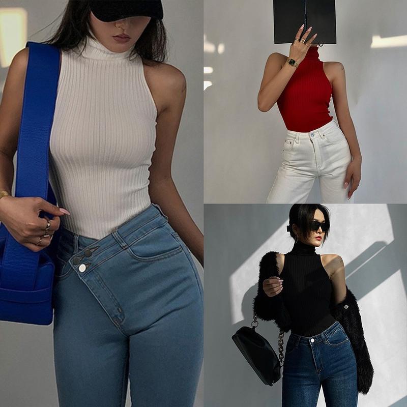 Women Vest Off Shoulder Tank Tops Turtleneck Summer Knitted Hong ...
