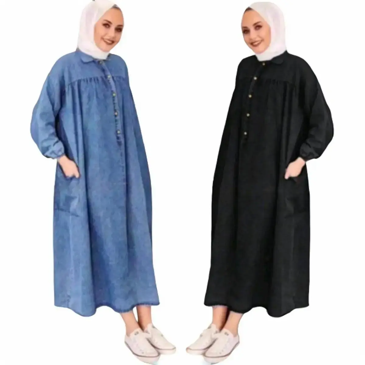 Hanami Midi Dress Jeans Wanita Muslim Dewasa Lengan Panjang Variasi Kancing Karet • simpel