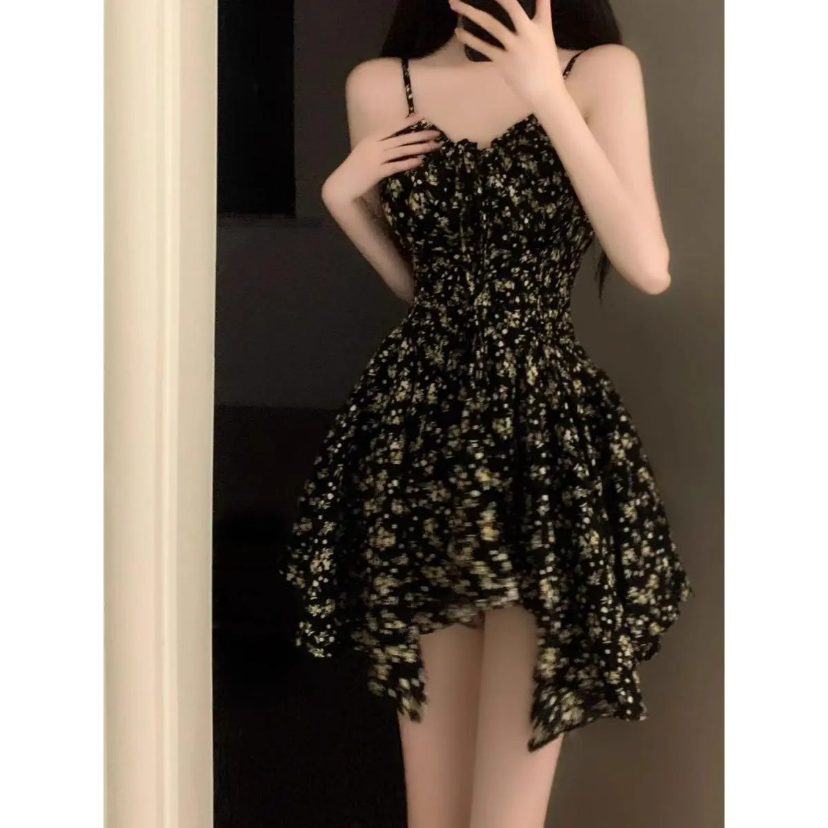 Tea Break French Style Pure Desire Irregular Black Shivering Suspenders Dress Women's Waist-Tight Sexy Skirt Small