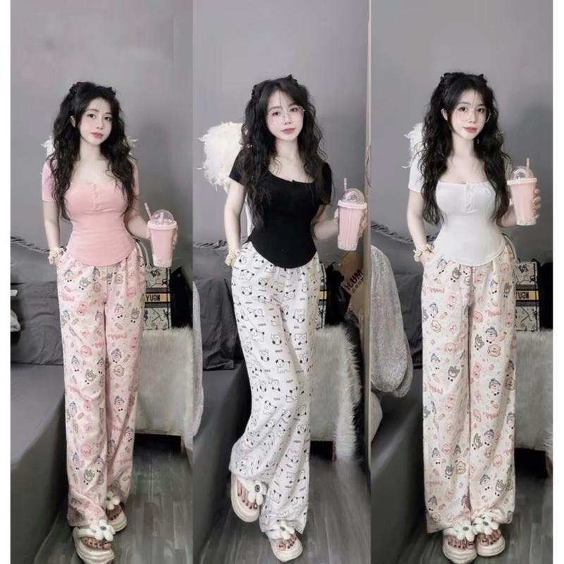 Đồ bộ nữ cỗ vuông lai bầu quần  ống  suôn in hoạ tiết dể thương hottren (40-65kg) M L XL