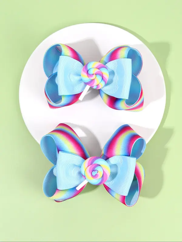Rainbow Ombre Color Lollipop Design Hair Clips Set, Cute Bowknot Hair Clips for Girls, Fashion Hair Accessories for Party, Daily Clothing Decor 2