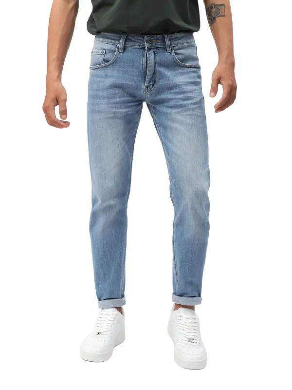 Quần Jean Nam Xanh Trơn, Form Slim Crop , Vải Denim , Dày Dặn , Thỏa Mái 2