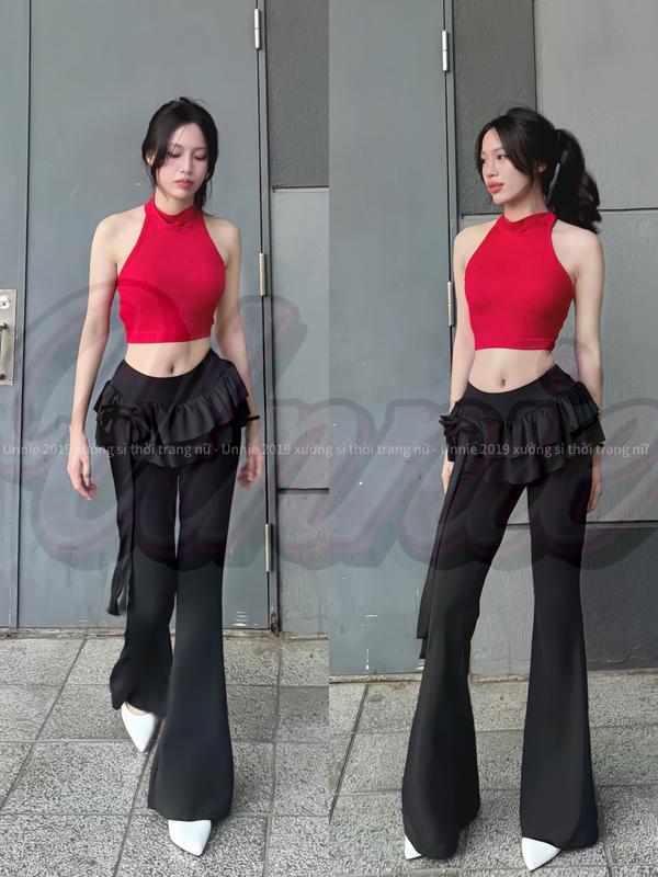    quần váy   Quần dài ống loe Unnie quần váy xòe tầng có nơ dài  quần loe cạp thấp quây bèo egril y2k. 