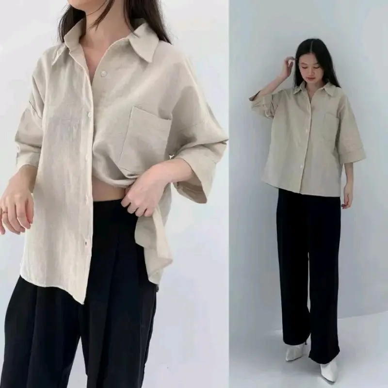 M-Jon Olivia Shirt Kemeja Linen Oversize Lengan 3/4 Polos Wanita 3